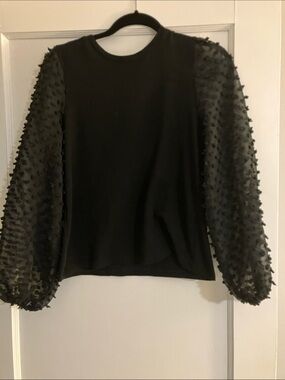 Maeve by Anthropologie Black Puff-Sleeve Dot-Texture Top